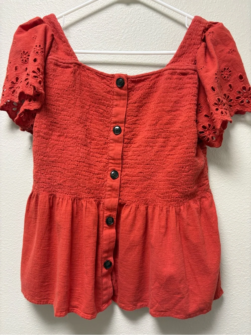 Madewell Women’s M Red Eyelet Square Neck Puff Sleeve Button Front Top Smock